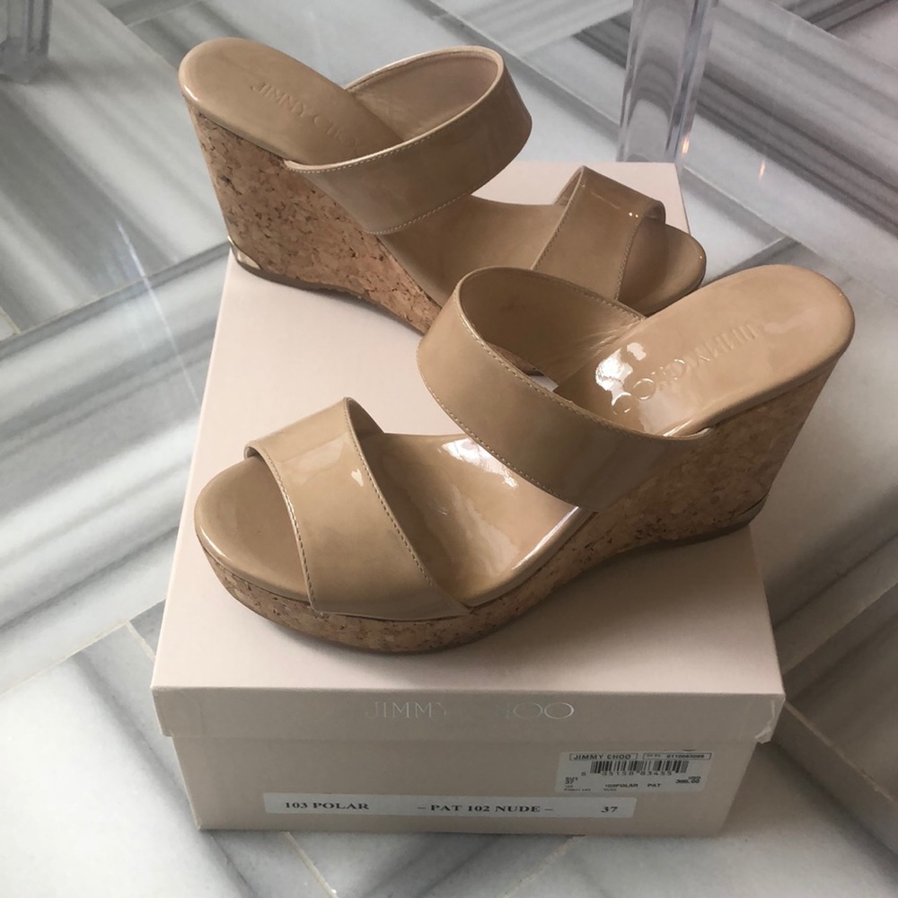 Jimmy Choo Nude Patent Cork Wedges Parker 100